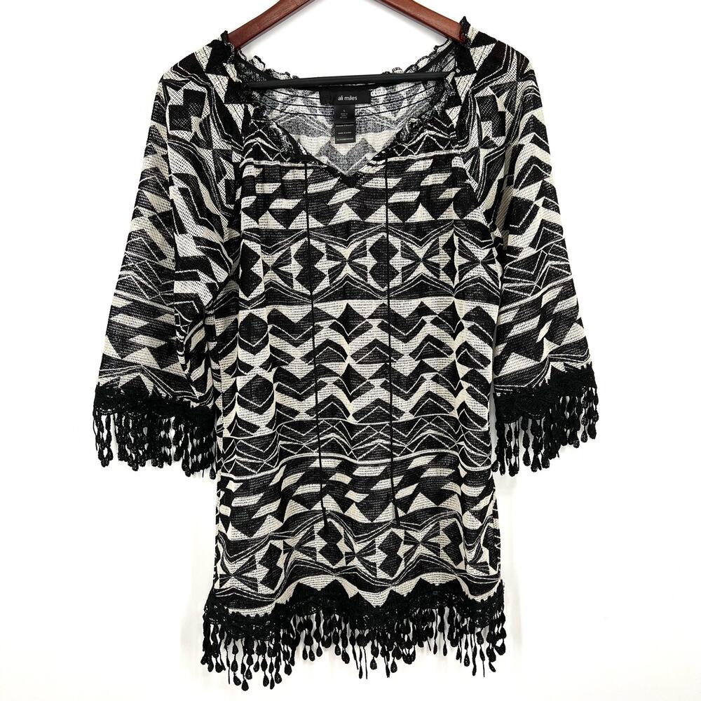 Ali Miles Womens Size Small Cover Up Artsy Sweater Blouse Shirt Top Black White